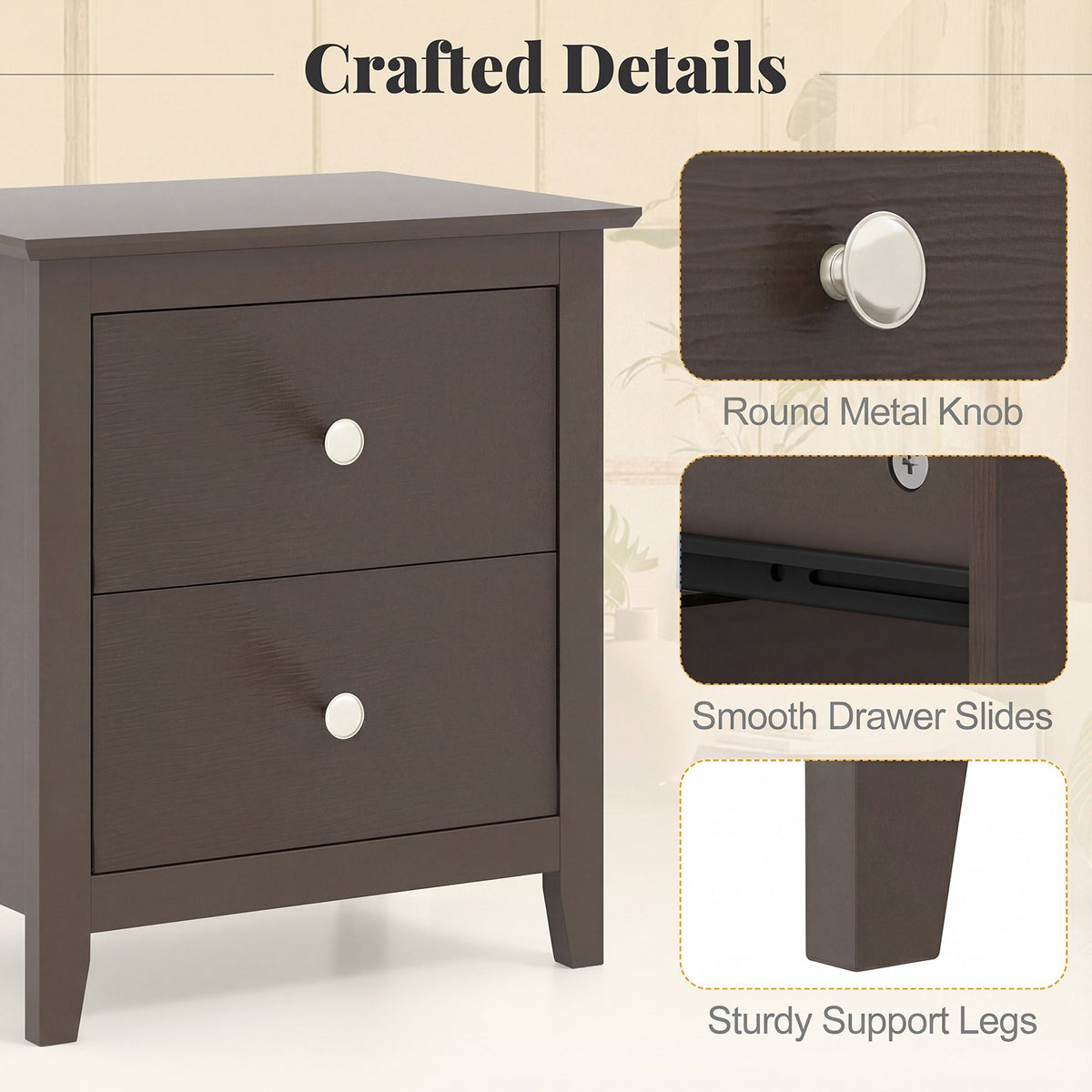 Set of 2 Modern Nightstand with 2 Drawers for Small Spaces-Rustic Brown view 8