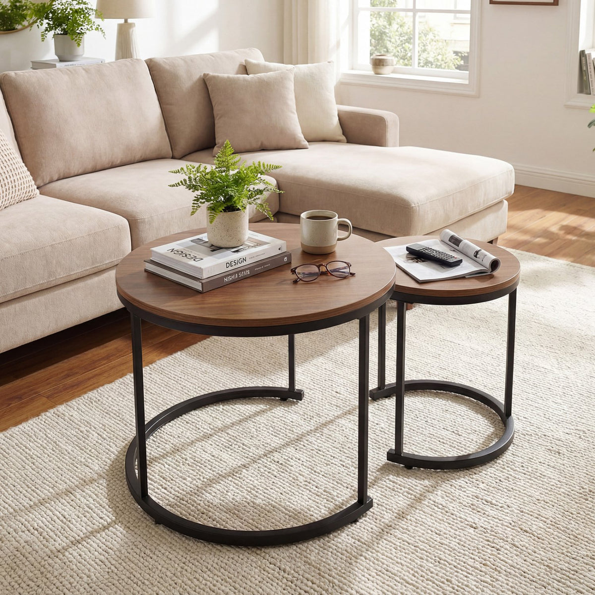 Set of 2 Modern Round Stacking Nesting Coffee Tables for Living Room-Light Brown view 2