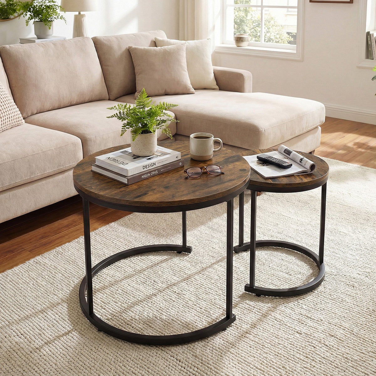 Set of 2 Modern Round Stacking Nesting Coffee Tables for Living Room-Rustic Brown view 2