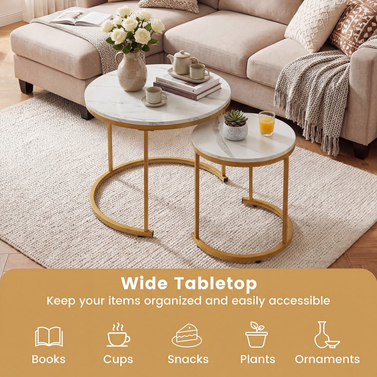 Set of 2 Modern Round Stacking Nesting Coffee Tables-Golden view 9