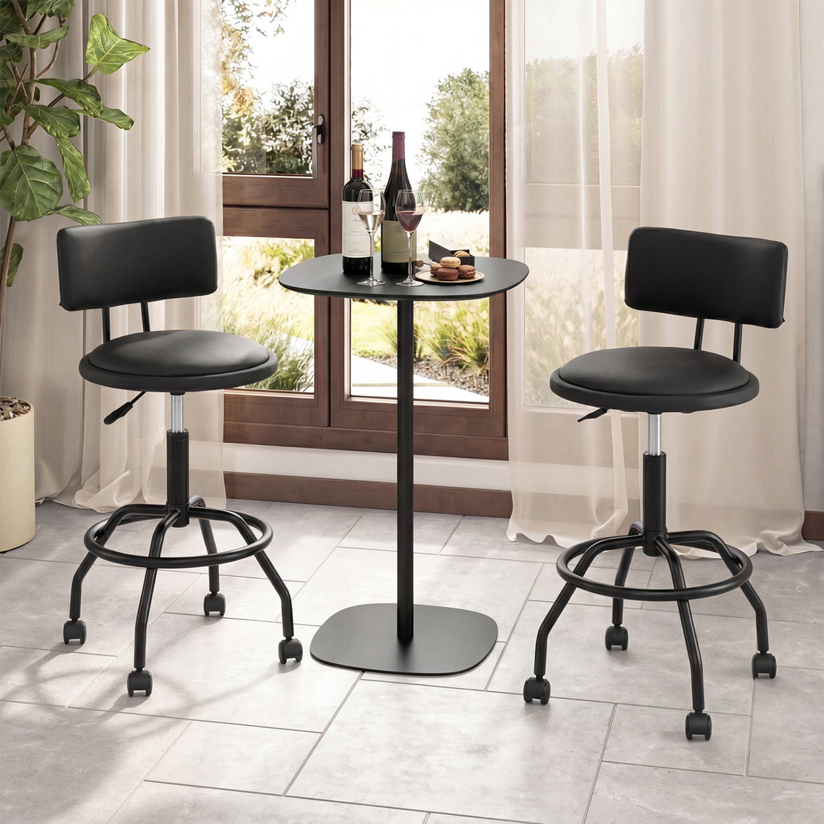 Set of 2 Modern Swivel Height Adjustable Bar Stool with Backrest-Black view 2