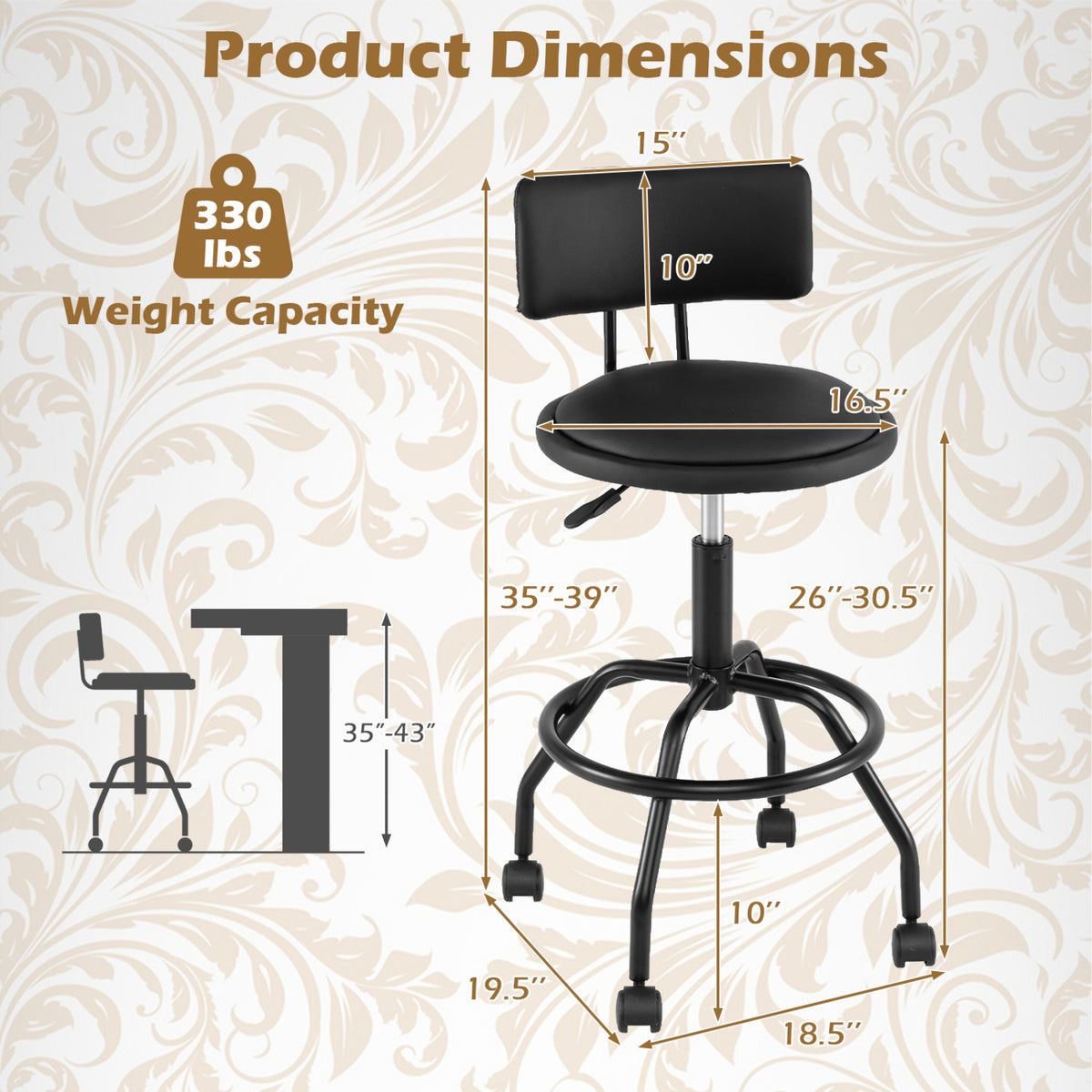 Set of 2 Modern Swivel Height Adjustable Bar Stool with Backrest-Black view 3