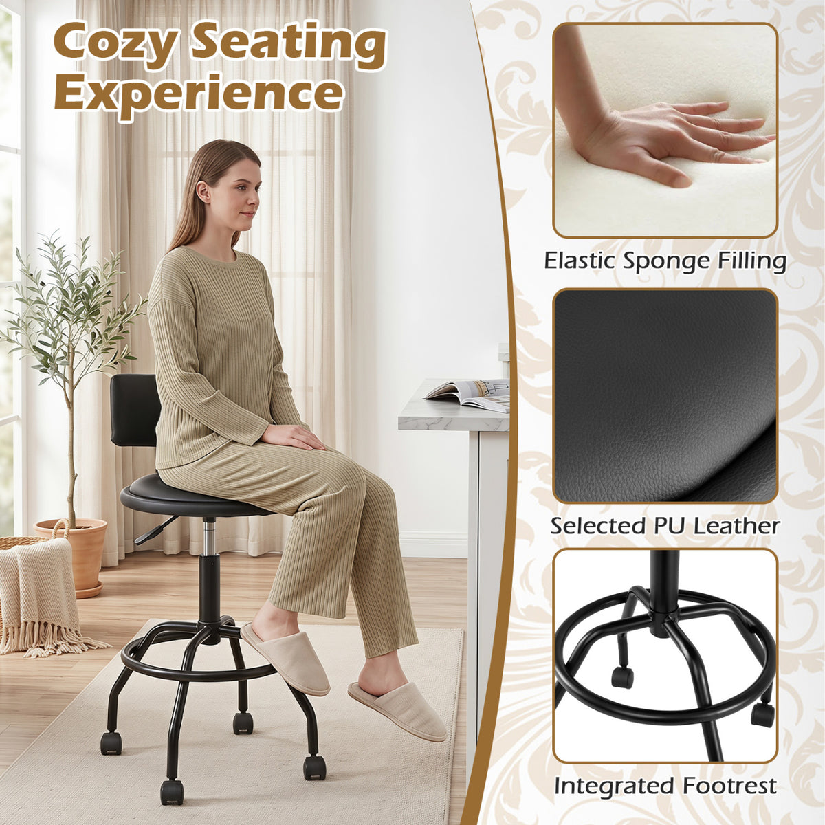 Set of 2 Modern Swivel Height Adjustable Bar Stool with Backrest-Black view 6