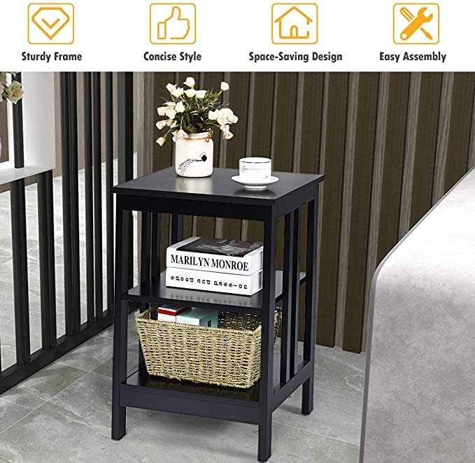 Set of 2 Multifunctional 3-Tier Nightstand Sofa Side Table with Reinforced Bars and Stable Structure-Black view 3