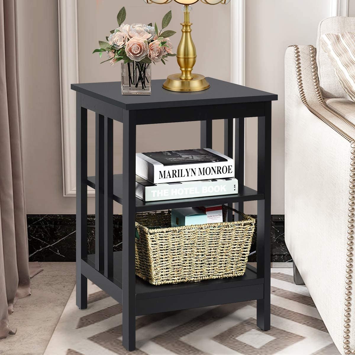 Set of 2 Multifunctional 3-Tier Nightstand Sofa Side Table with Reinforced Bars and Stable Structure-Black view 6