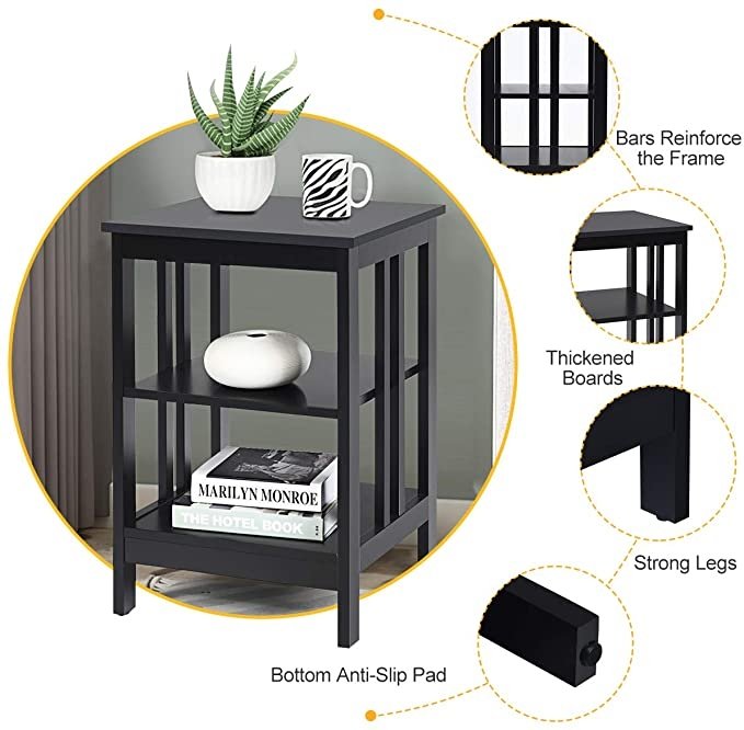 Set of 2 Multifunctional 3-Tier Nightstand Sofa Side Table with Reinforced Bars and Stable Structure-Black view 8