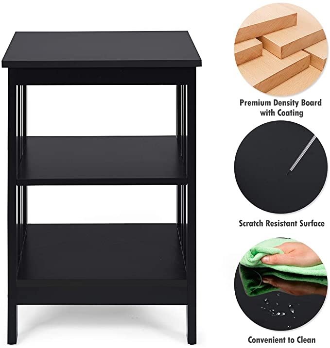 Set of 2 Multifunctional 3-Tier Nightstand Sofa Side Table with Reinforced Bars and Stable Structure-Black view 9