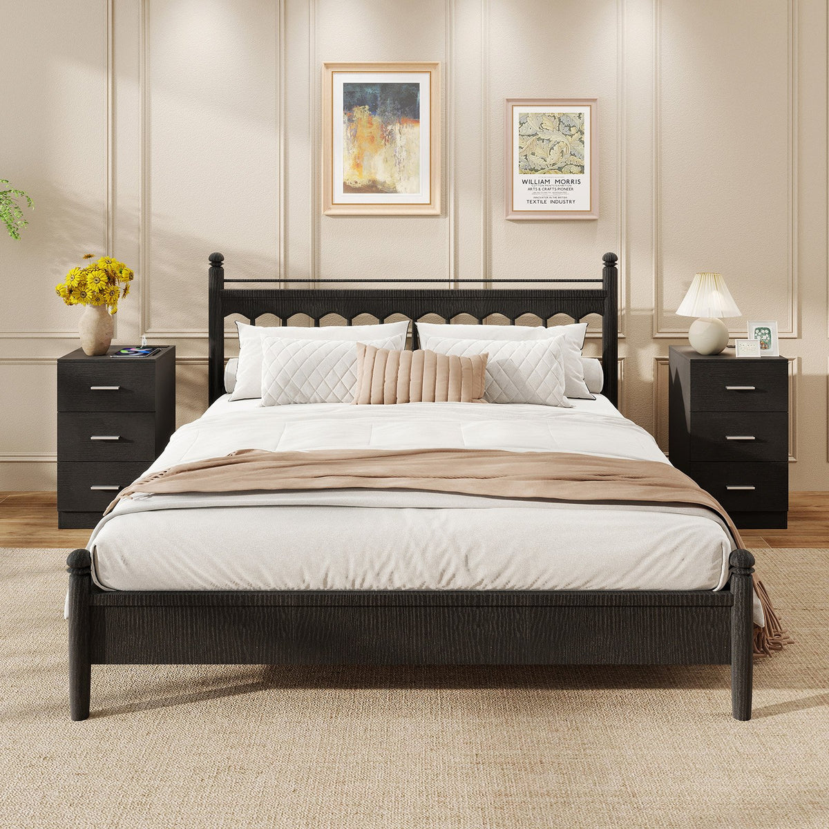 Set of 2 Nightstand with Charging Station End Table with 3 Storage Drawers Bedside Table for Bedroom-Black view 3
