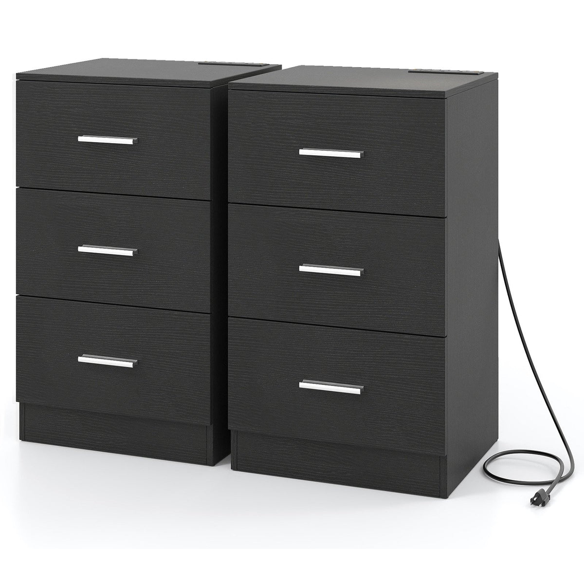 Set of 2 Nightstand with Charging Station End Table with 3 Storage Drawers Bedside Table for Bedroom-Black view 4