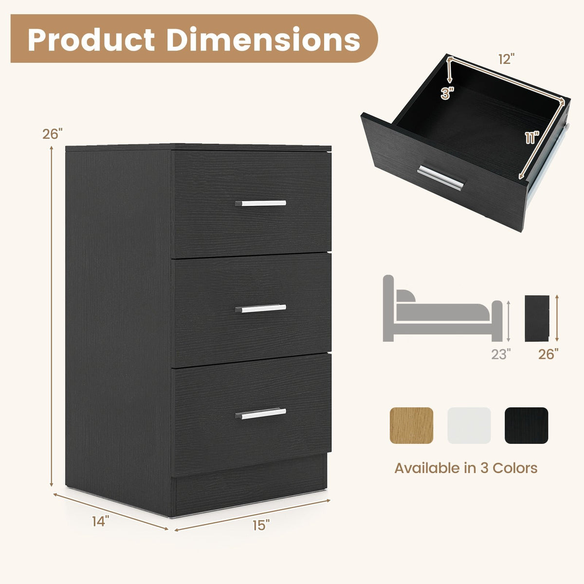 Set of 2 Nightstand with Charging Station End Table with 3 Storage Drawers Bedside Table for Bedroom-Black view 5