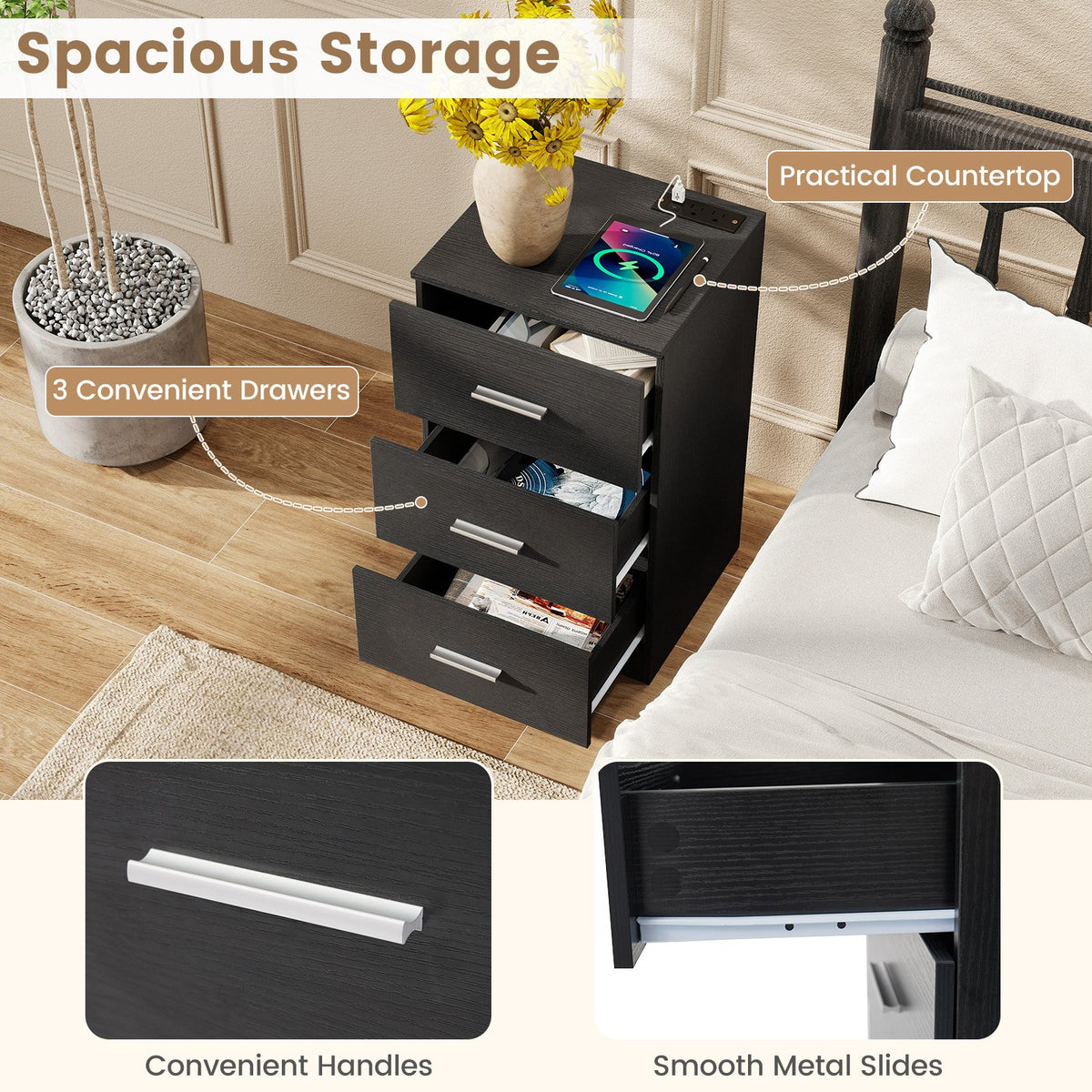 Set of 2 Nightstand with Charging Station End Table with 3 Storage Drawers Bedside Table for Bedroom-Black view 7