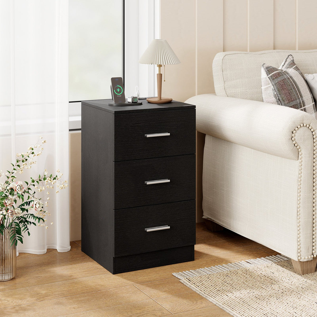 Set of 2 Nightstand with Charging Station End Table with 3 Storage Drawers Bedside Table for Bedroom-Black view 9