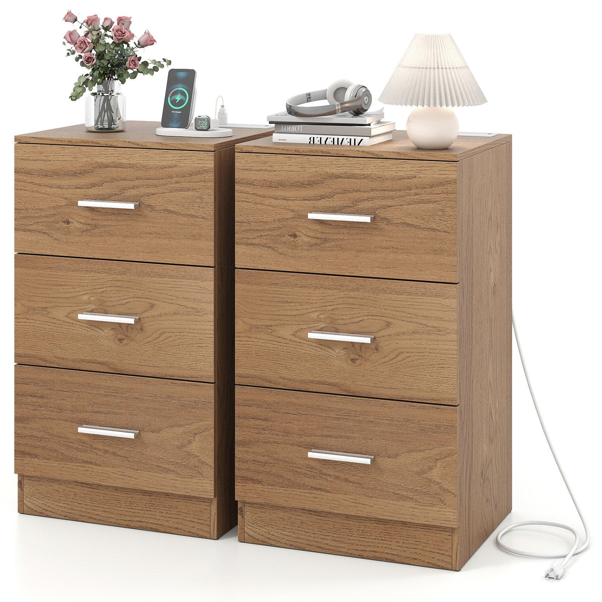 Set of 2 Nightstand with Charging Station End Table with 3 Storage Drawers Bedside Table for Bedroom-Natural