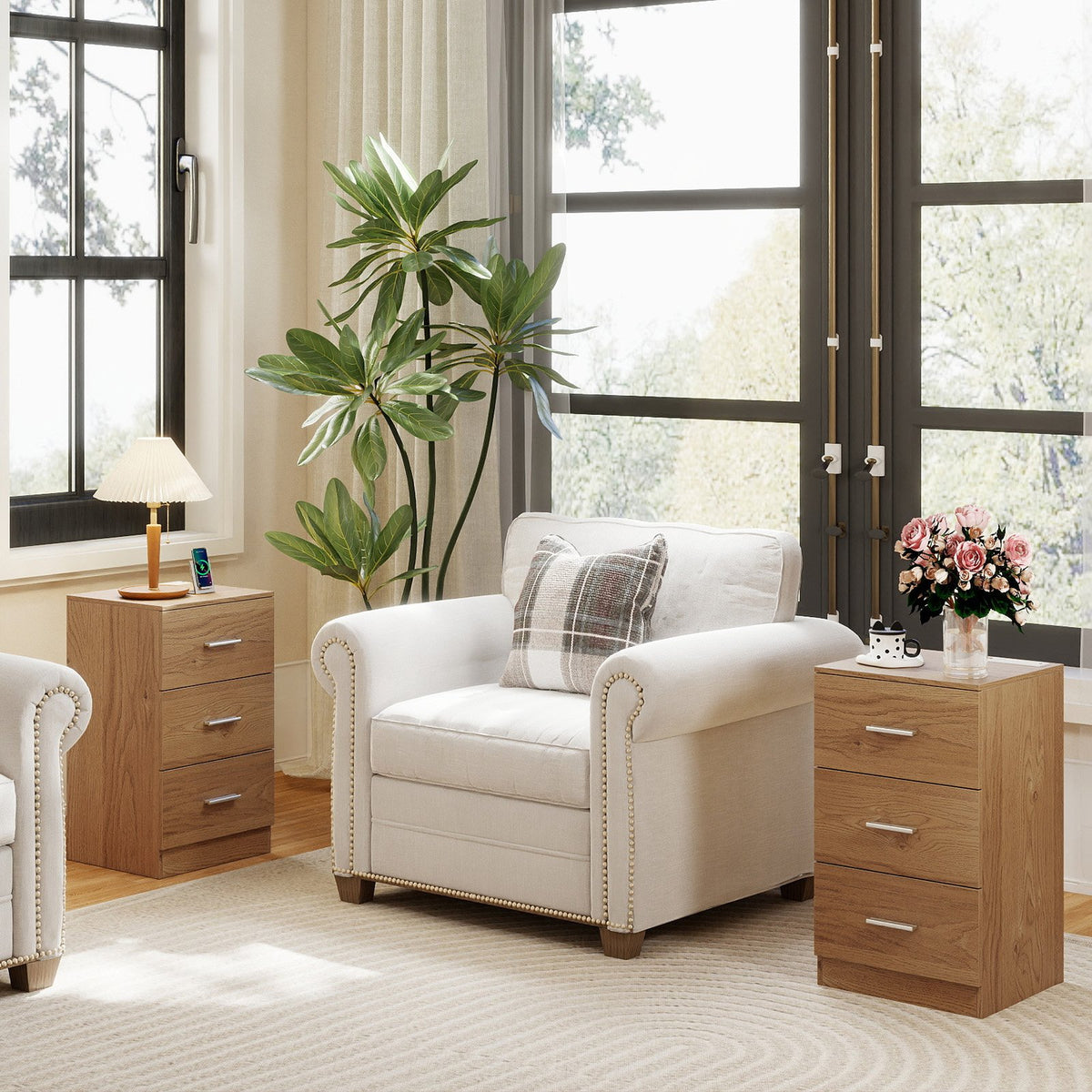 Set of 2 Nightstand with Charging Station End Table with 3 Storage Drawers Bedside Table for Bedroom-Natural view 2