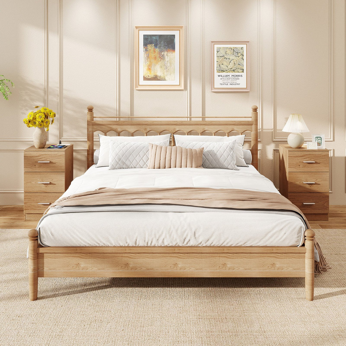 Set of 2 Nightstand with Charging Station End Table with 3 Storage Drawers Bedside Table for Bedroom-Natural view 3
