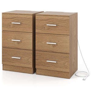 Set of 2 Nightstand with Charging Station End Table with 3 Storage Drawers Bedside Table for Bedroom-Natural view 4