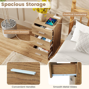 Set of 2 Nightstand with Charging Station End Table with 3 Storage Drawers Bedside Table for Bedroom-Natural view 7