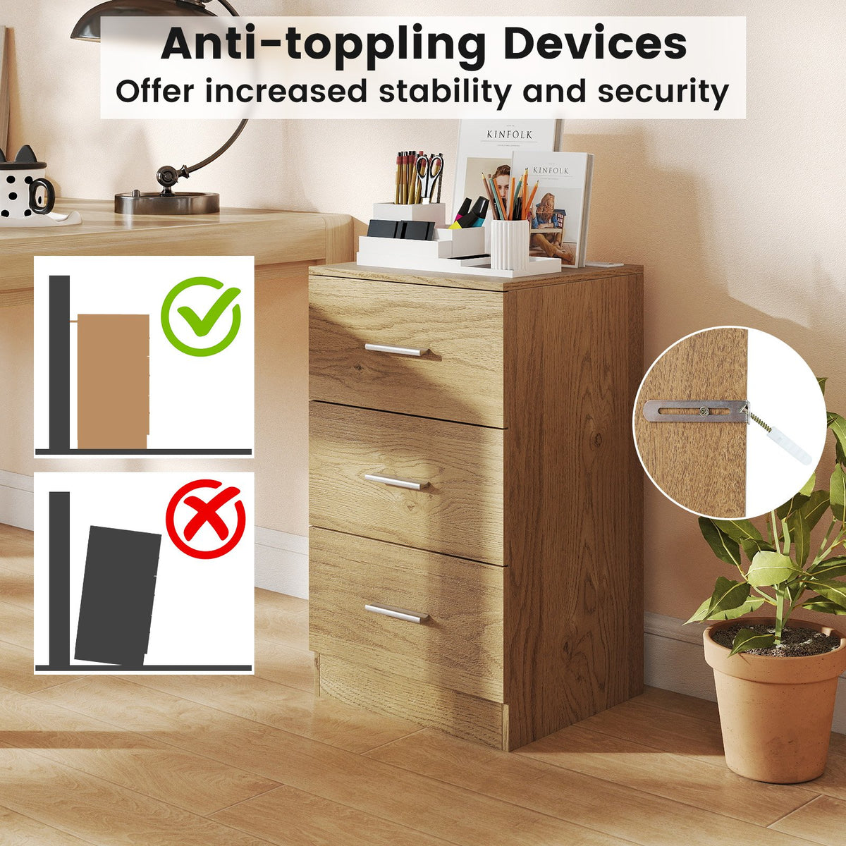 Set of 2 Nightstand with Charging Station End Table with 3 Storage Drawers Bedside Table for Bedroom-Natural view 8