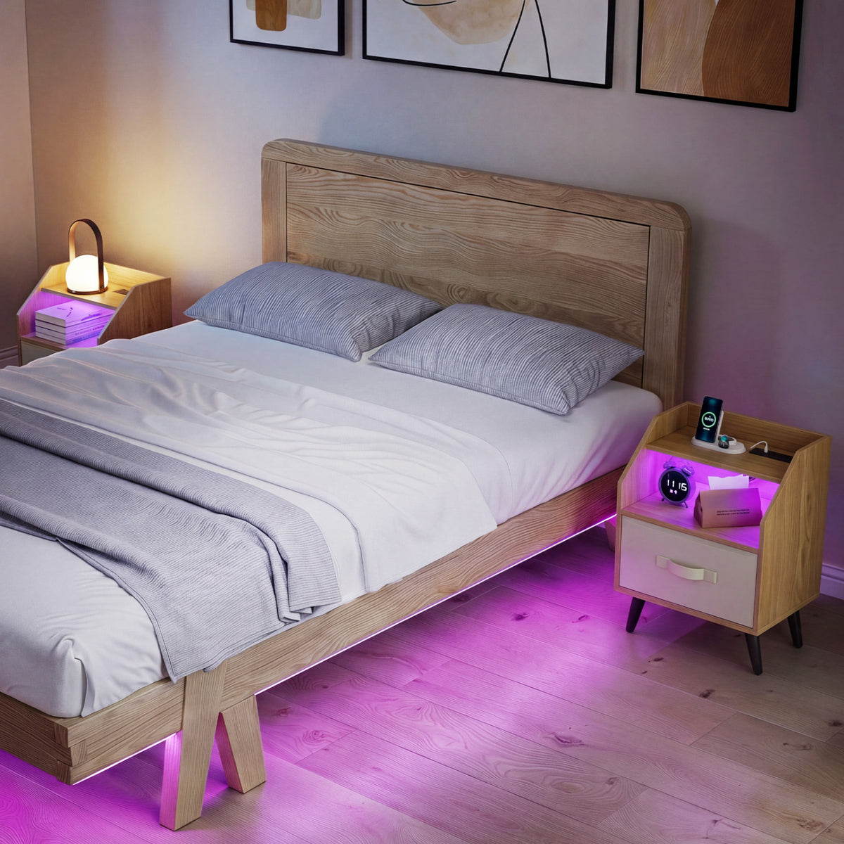 Set Of 2 Nightstands with LED Lights and Power Outlets for Living Room-Natrual view 2