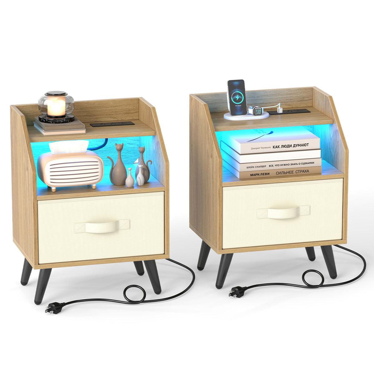 Set Of 2 Nightstands with LED Lights and Power Outlets for Living Room-Natrual view 3