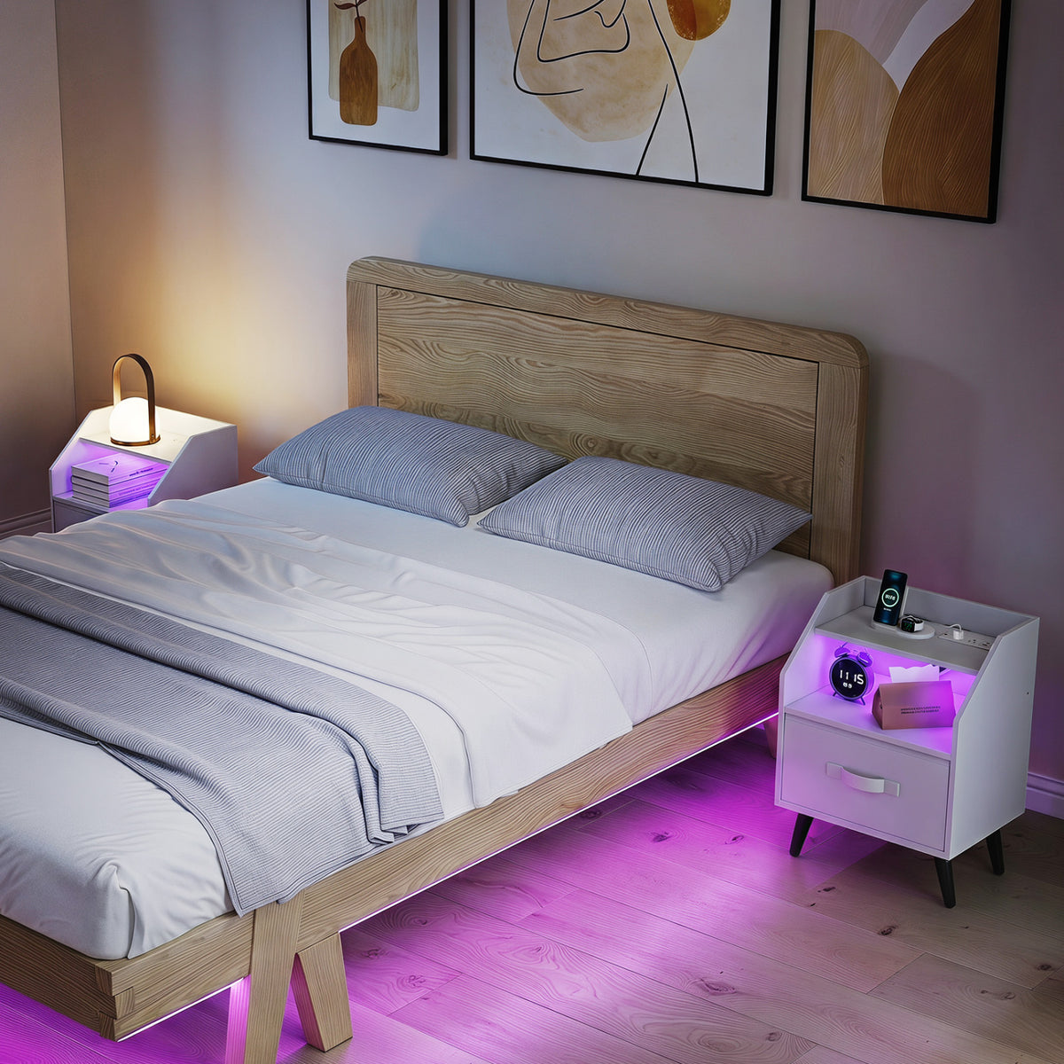 Set Of 2 Nightstands with LED Lights and Power Outlets for Living Room-White view 2