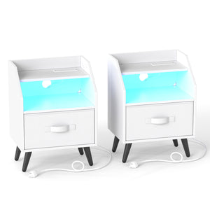 Set Of 2 Nightstands with LED Lights and Power Outlets for Living Room-White view 3