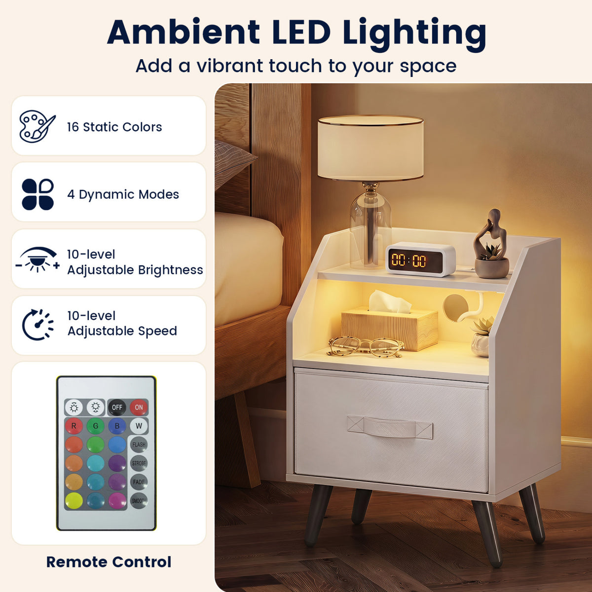 Set Of 2 Nightstands with LED Lights and Power Outlets for Living Room-White view 6