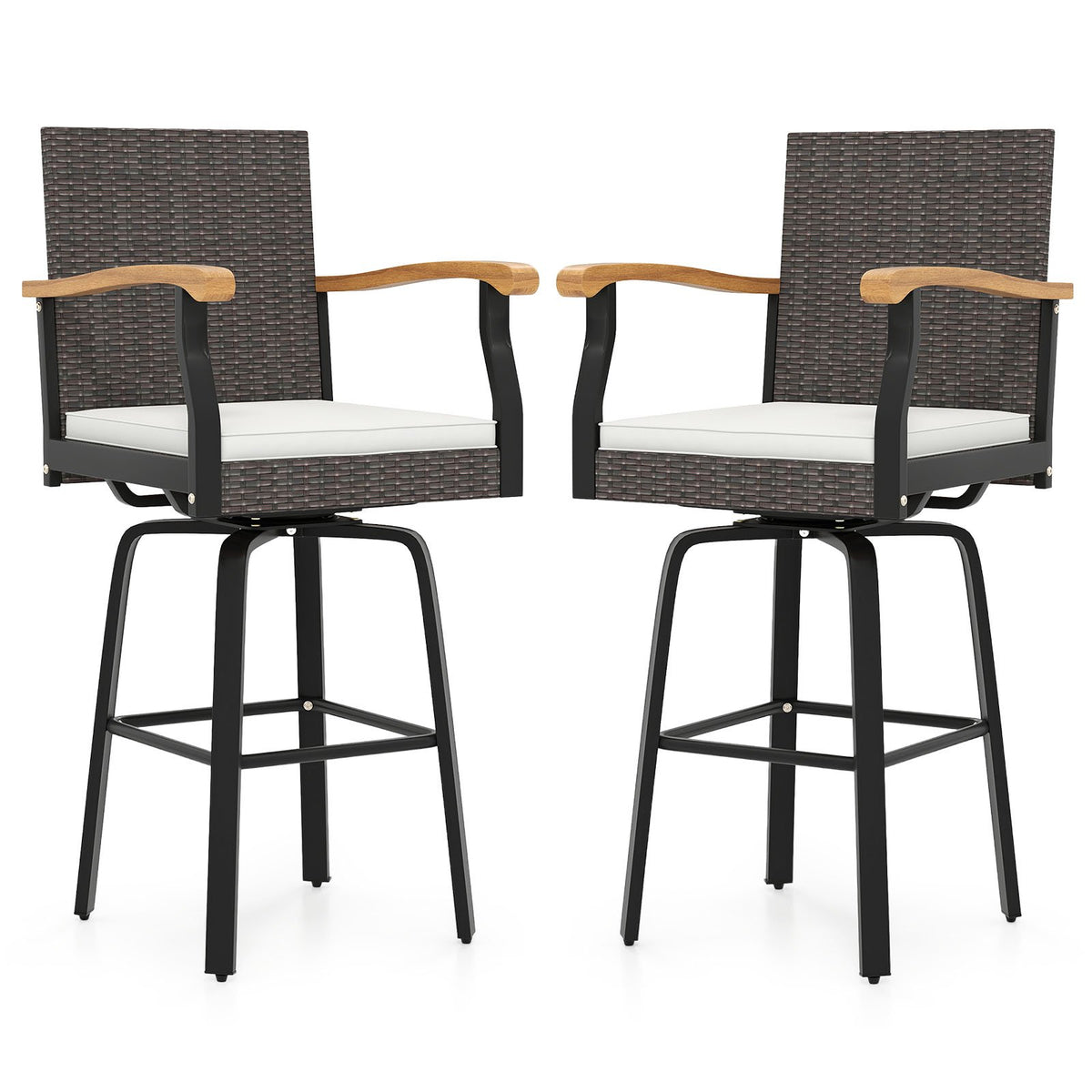 Set of 2 Outdoor 360° Swivel Bar Stool with Cushion and Acacia Wood Armrests