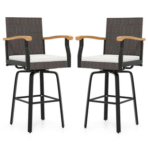 Set of 2 Outdoor 360° Swivel Bar Stool with Cushion and Acacia Wood Armrests