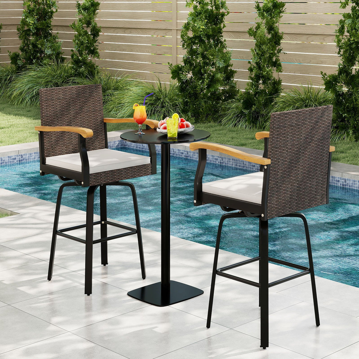 Set of 2 Outdoor 360° Swivel Bar Stool with Cushion and Acacia Wood Armrests view 2