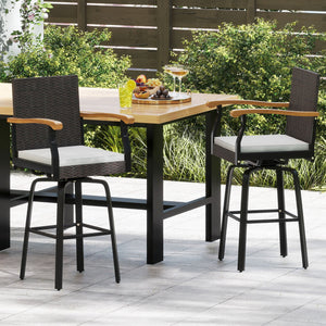 Set of 2 Outdoor 360° Swivel Bar Stool with Cushion and Acacia Wood Armrests view 3