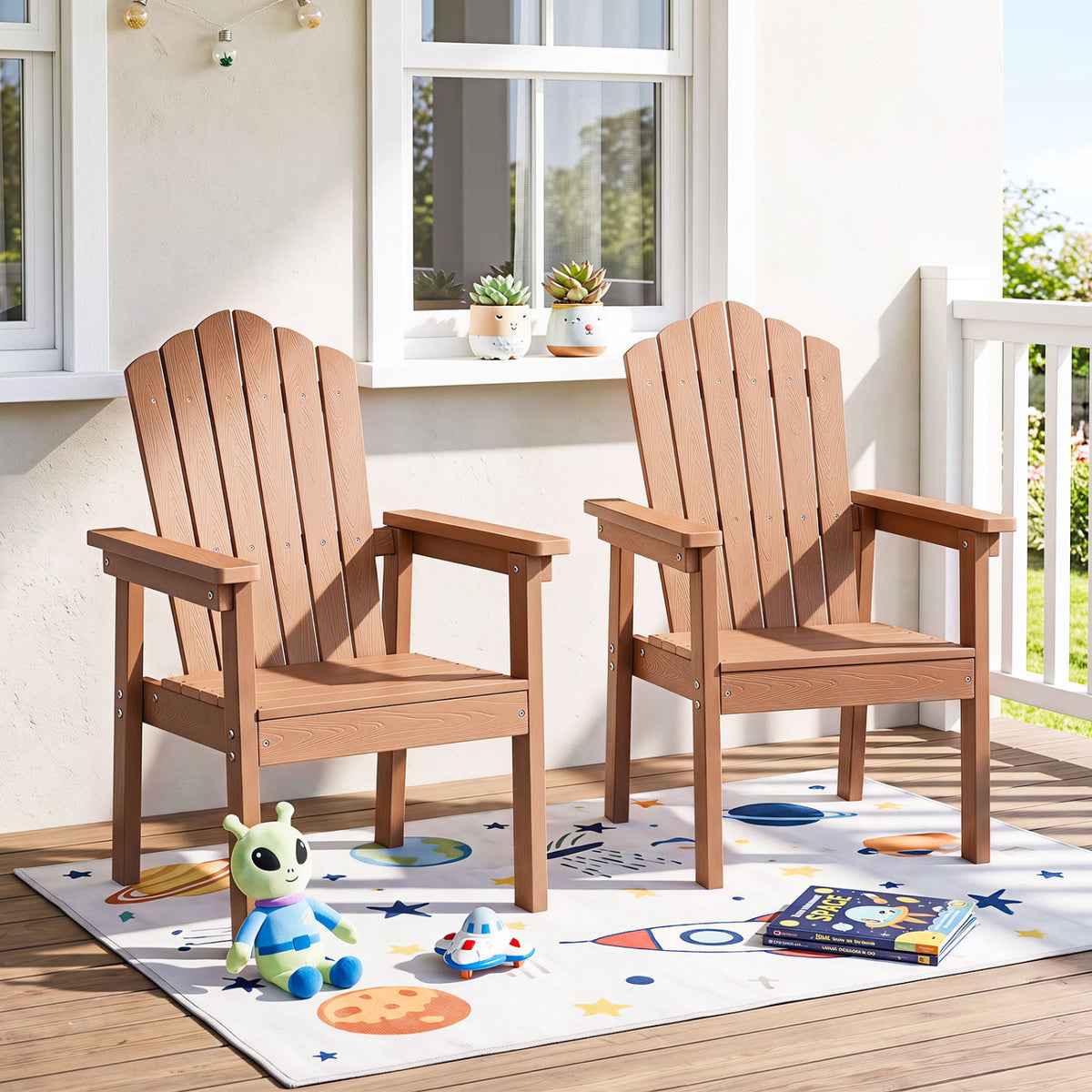 Set of 2 Outdoor Adirondack Chair with High Backrest Wide Armrests and Angled Seat for Deck-Brown view 2