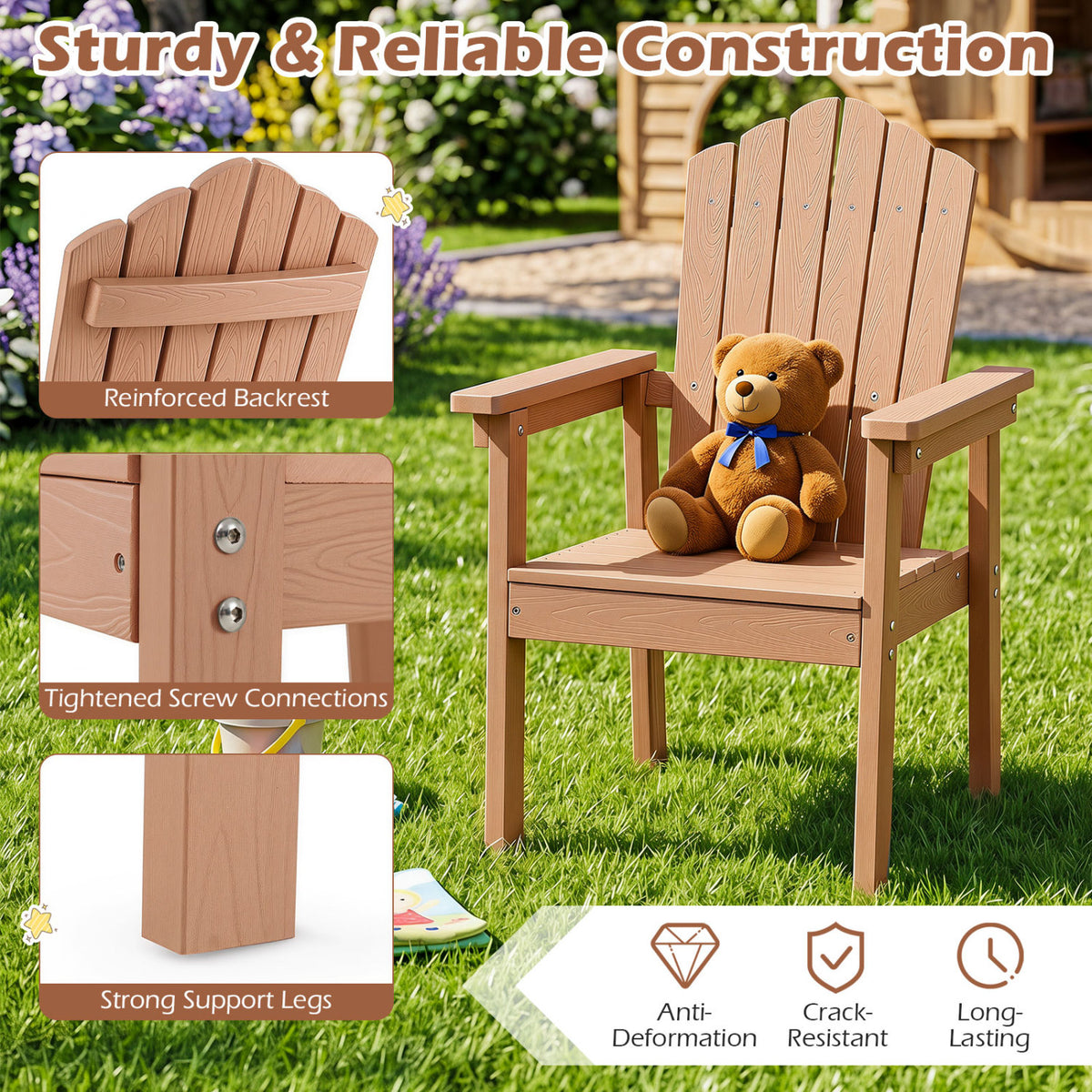 Set of 2 Outdoor Adirondack Chair with High Backrest Wide Armrests and Angled Seat for Deck-Brown view 5