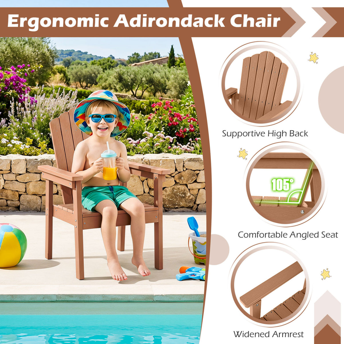 Set of 2 Outdoor Adirondack Chair with High Backrest Wide Armrests and Angled Seat for Deck-Brown view 6