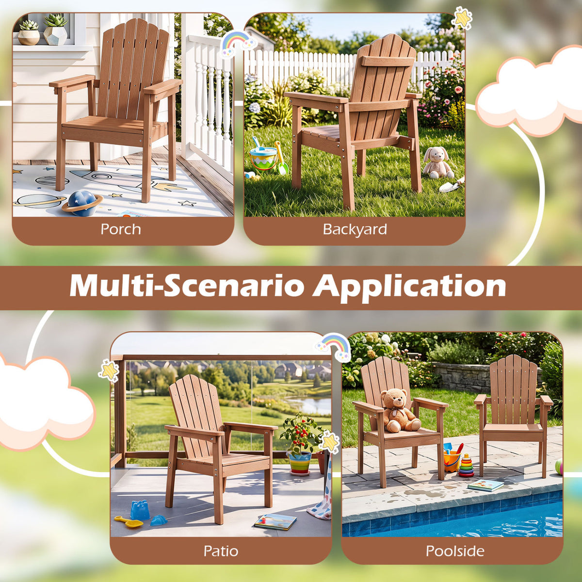 Set of 2 Outdoor Adirondack Chair with High Backrest Wide Armrests and Angled Seat for Deck-Brown view 7
