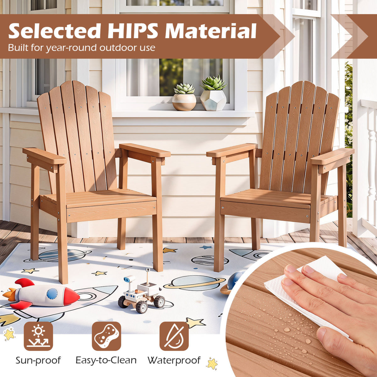 Set of 2 Outdoor Adirondack Chair with High Backrest Wide Armrests and Angled Seat for Deck-Brown view 8