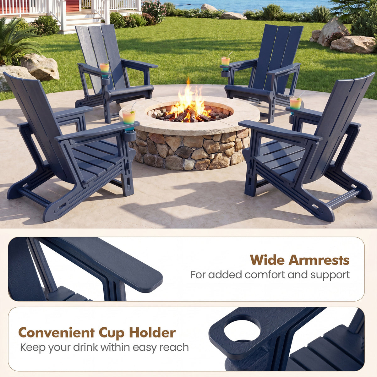Set of 2﻿ Outdoor Adirondack Chairs with Cup Holder-Blue view 8