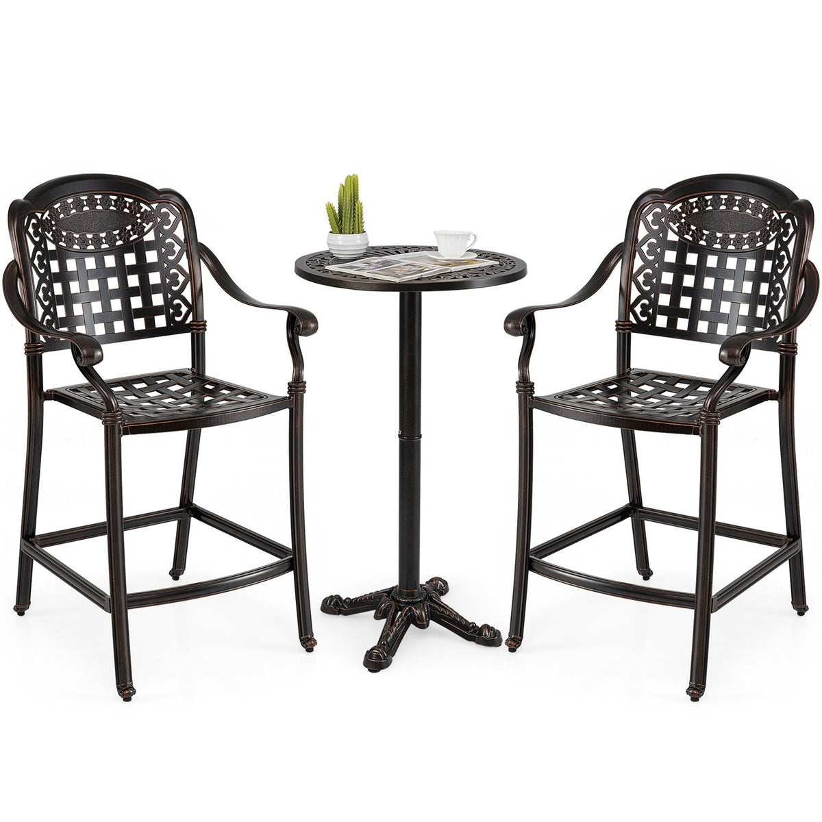 Set of 2 Outdoor Bar Stool 25.5 Inch Counter Height Cast Aluminum Bar Chairs-Copper view 4