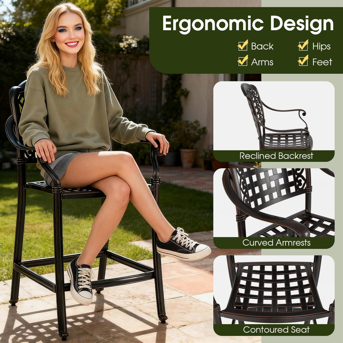 Set of 2 Outdoor Bar Stool 25.5 Inch Counter Height Cast Aluminum Bar Chairs-Copper view 9