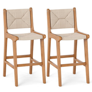 Set of 2 Outdoor Counter Height Bar Stool Woven Paper Rope Patio Barstool with Teak Wood Frame