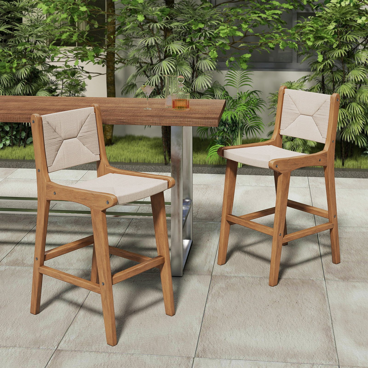 Set of 2 Outdoor Counter Height Bar Stool Woven Paper Rope Patio Barstool with Teak Wood Frame view 2