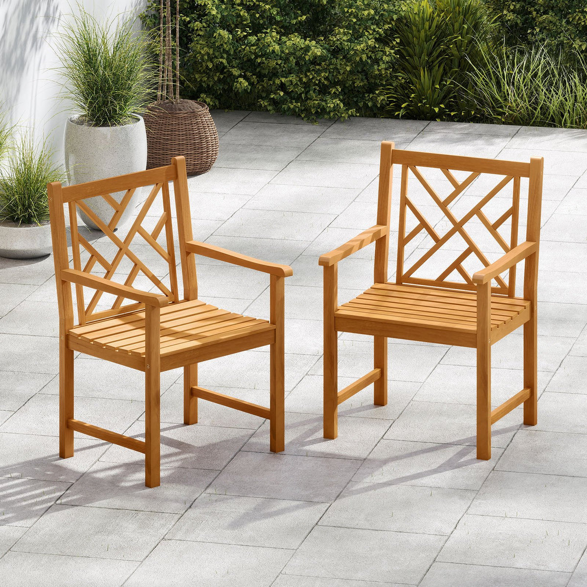 Set of 2 Outdoor Dining Chairs Acacia Wood with Cross-Pattern Backrest view 2