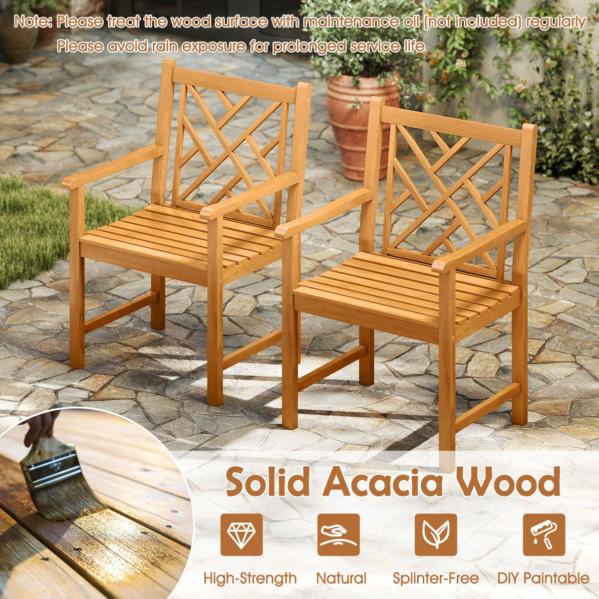 Set of 2 Outdoor Dining Chairs Acacia Wood with Cross-Pattern Backrest view 7