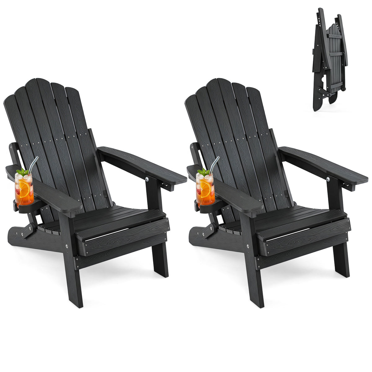 Set of 2 Outdoor Folding Adirondack Chair with Cup Holder and 5-Level Backrest-Black