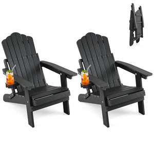 Set of 2 Outdoor Folding Adirondack Chair with Cup Holder and 5-Level Backrest-Black