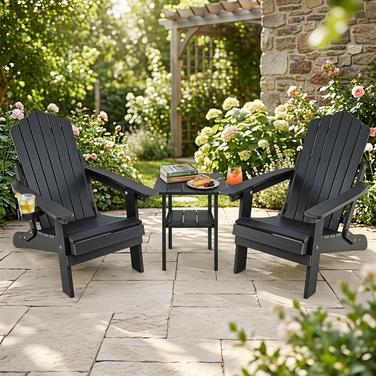 Set of 2 Outdoor Folding Adirondack Chair with Cup Holder and 5-Level Backrest-Black view 2