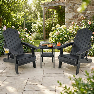 Set of 2 Outdoor Folding Adirondack Chair with Cup Holder and 5-Level Backrest-Black view 2