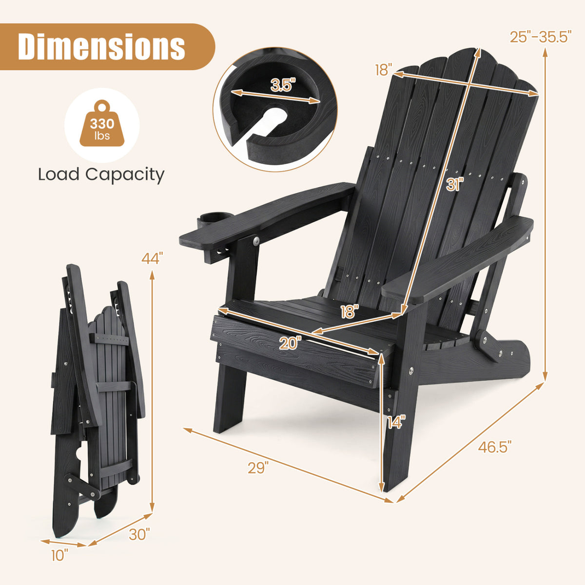 Set of 2 Outdoor Folding Adirondack Chair with Cup Holder and 5-Level Backrest-Black view 3