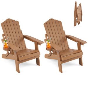 Set of 2 Outdoor Folding Adirondack Chair with Cup Holder and 5-Level Backrest-Coffee