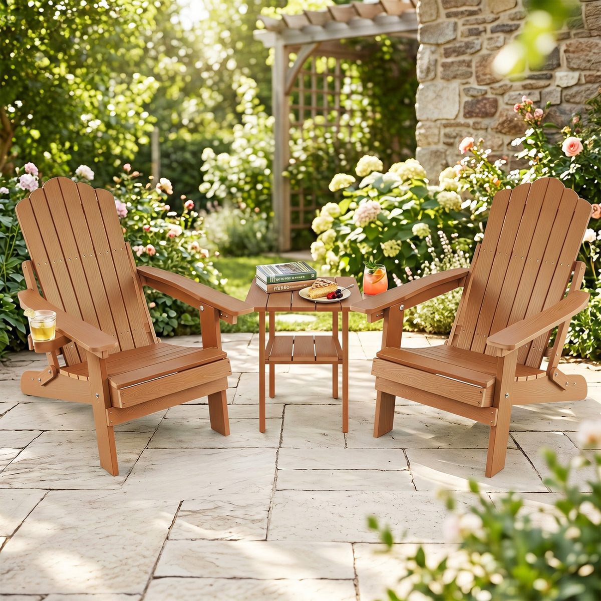 Set of 2 Outdoor Folding Adirondack Chair with Cup Holder and 5-Level Backrest-Coffee view 2